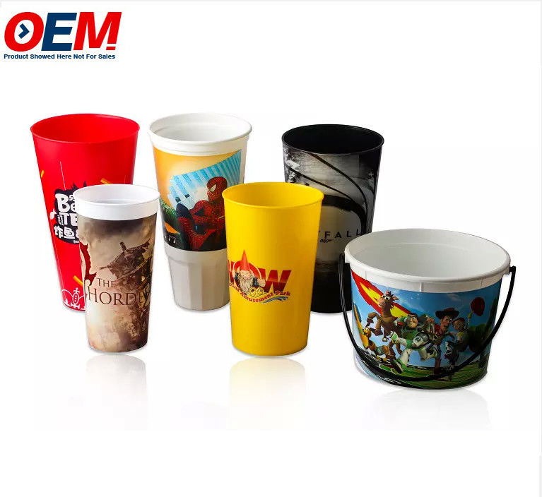 Balde de pipoca de plástico com impressão personalizada de alta qualidade OEM, com tampa, para promoção