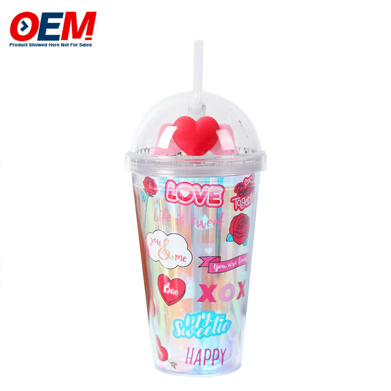 Copo de parede dupla de PP personalizado com palha OEM Sweet Heart Copo de água de plástico de 450ml